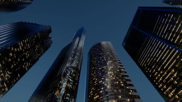 City Skyscrapers at Night with Dark Sky