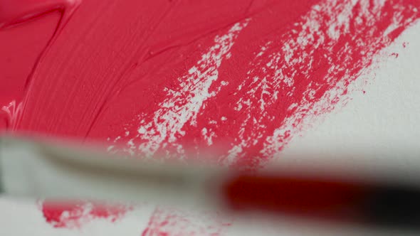 Drawing with a Paintbrush on White Paper with Bright Pink Acrylic Paint Close Up