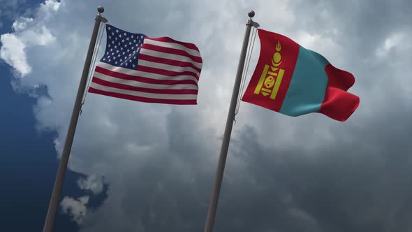 Waving Flags Of The United States And The Mongolia 4K