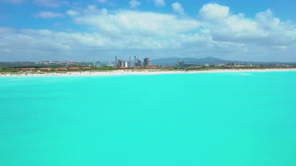 Aerial Shot, Incredibly Beautiful Calm Sea with Lots of Clouds, White Beach Created Because of Huge alt