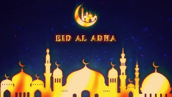Eid al Adha. Golden mosque and text greeting Full Hd.