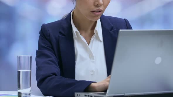 Tired Lady Office Employee Suffering Strong Headache and Closing Laptop, Stress