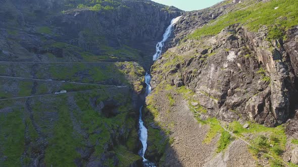 Aerial View of Norwegian Trollstigen Road and Stigfossen Waterfall, Norway