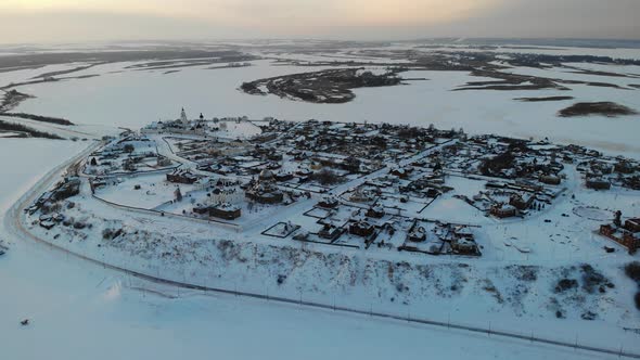 Sviyazhsk Island in Volga River at Winter Small City Village Cathedral Sunset