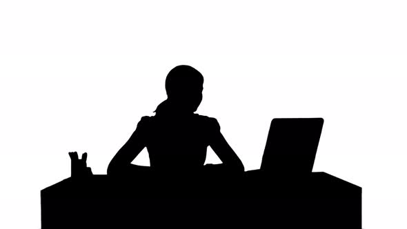 Silhouette Woman Is Working on the Laptop