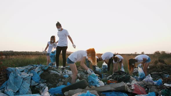 Group of Eco Volunteers Cleaning Up Area of Dump Near the Field During Sunset Gimbal Shot Slow