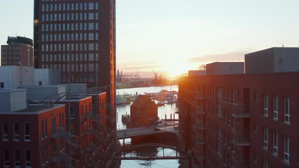 Sunset in Hamburg Harbor with Modern Apartment Buildings on the Banks of River Elbe