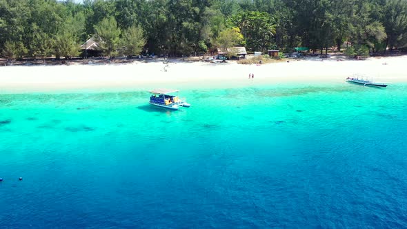 Island In Fiji - Tourists Enjoying The Sunny Weather On The Sandy Shore Of The Lush Island, Boats Ad