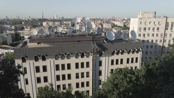 TV Antennas on the Roof of the Building. Aerial. Kyiv, Ukraine, Flat, Gray