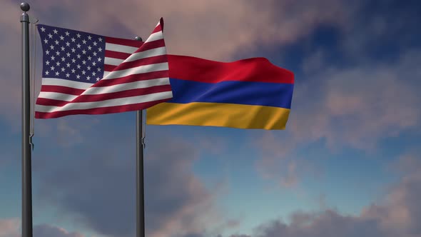 Armenia Flag Waving Along With The National Flag Of The USA - 4K