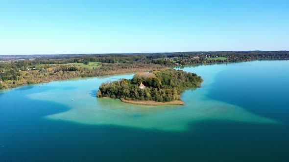 Aerial view of Lake Woerth with Maus Island, Bavaria, Germany