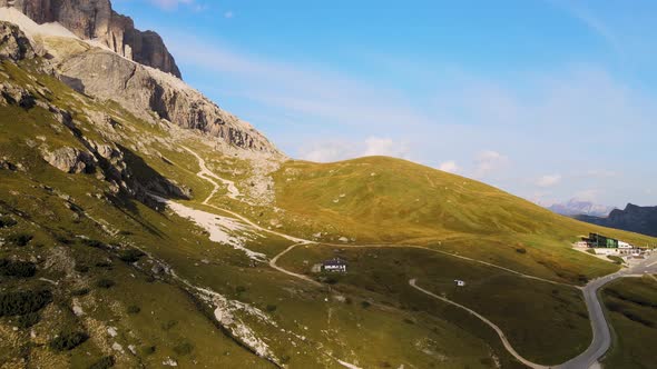 Aerial View of Picturesque Val Gardena, Green Hills and Valley Under Blue Summer Sky, Dolomites, Ita