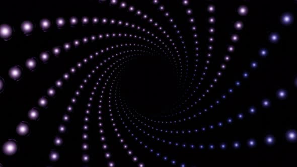 Rotating vortex of small circles on a black background, seamless loop