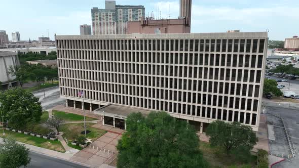 Aerial of USA Federal Building. American flag at government offices. FBI, CIA, Homeland Security, So