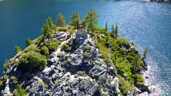 Aerial Flight Over Fannette Island Near Lake Tahoe