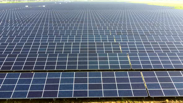 Aerial Drone View Flight Over Solar Power Station Panels