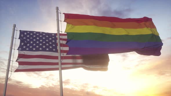 Waving National Flag of USA and LGBT Rainbow Flag Background