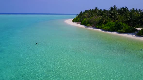 Summer landscape of island beach by water and sand background near palms