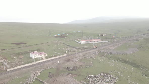 Samtskhe-Javakheti, Georgia - August 20 2021: Aerial view of Trialeti railway station
