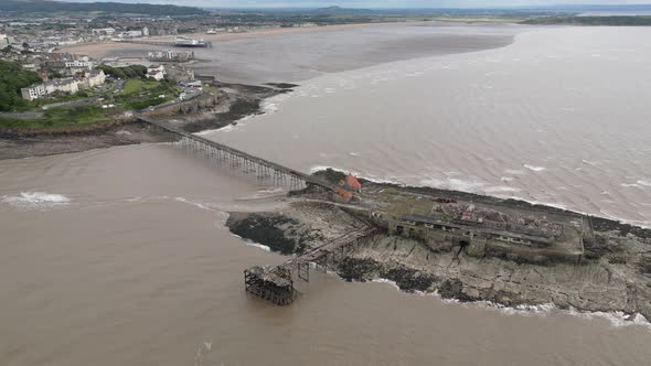 Derelict Birnbeck Pier in Weston Super Mare Aerial View