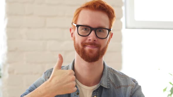 Reaction of Success, Thumbs Up, Appreciating Man with Beard and Red Hairs
