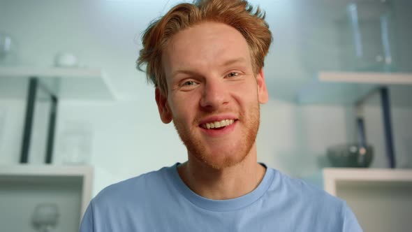 Cheerful Man Using Webcam Closeup