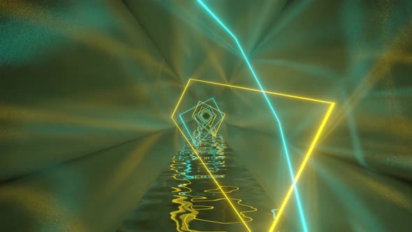 Futuristic 3d render metal tunnel with neon glowing lights inside. Seamless loop motion graphic alt