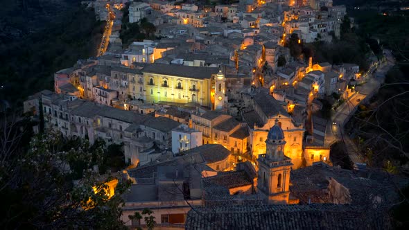 Historical Center of Ragusa, UNESCO World Heritage Site at Night Time. Sicily, Italy. , FHD