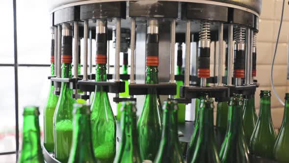 Beer Brewing Process. Conveyor Line With Bottles At Brewery