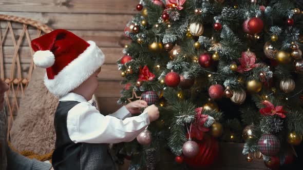 Young Boy in Santa Claus Hat Decorating a Christmas Tree