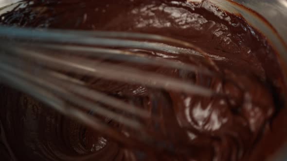 Close-up of chocolate being kneaded in a brownie bowl