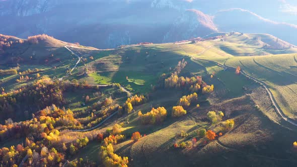 Flying Above Autumn Forest and Hills.Transylvania, Romania