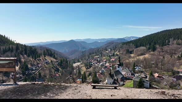 Aerial view of the church in the village of Spania Dolina in Slovakia