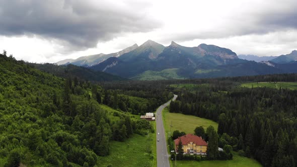 AERIAL: Flying Backwards over Forest Road in Slovakia