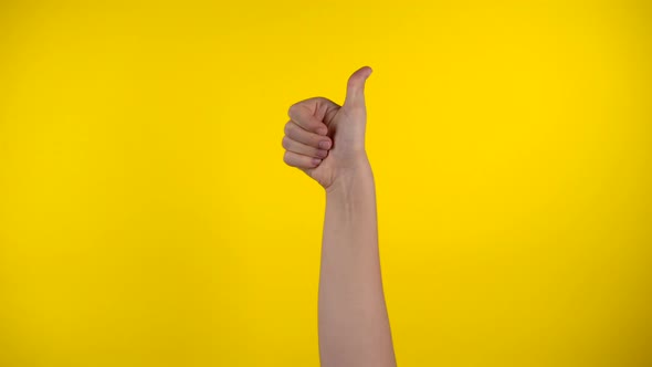 Hand Show Like Symbol Thumbs Up Hand on Yellow Background