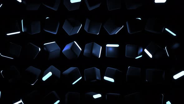 Abstract Loop Background with Cubes Lined Up in Rows on a Plane Blue Neon Lighting of Cubes Smooth