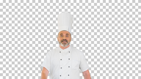 Chef explaining something to camera while walking, Alpha Channel
