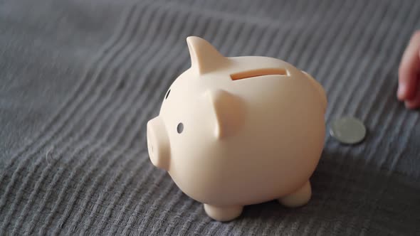 A Happy Child Puts Money in the Piggy Bank