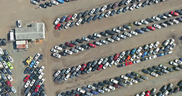 Aerial view rows a many used cars parking auction dealer lot