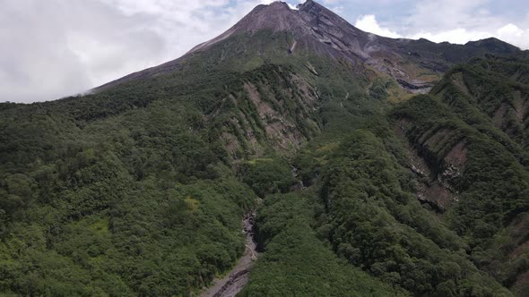 Aerial view of active Merapi mountain with clear sky in Indonesia