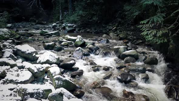 River After Snowfall In The Forest