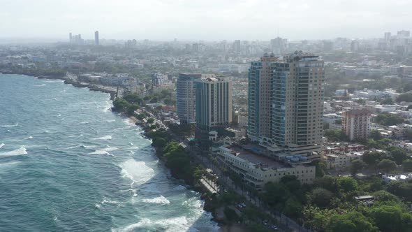 Aerial view of the buildings on George Washington Avenue, where we see the Malecon Center and hotels