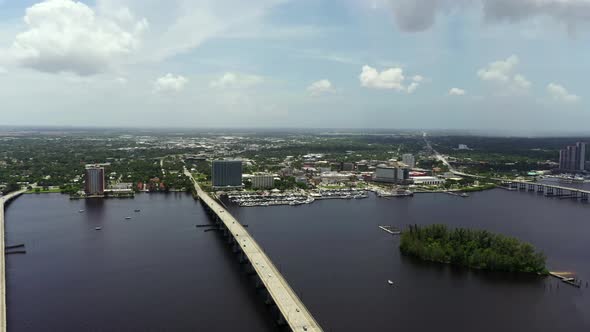 Lateral Aerial Video Fort Myers River And Bridges