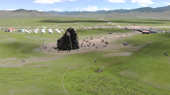 Tourists Religious Symbol Taikhar Chuluu Rock in Arkhangai Aimag, Mongolia