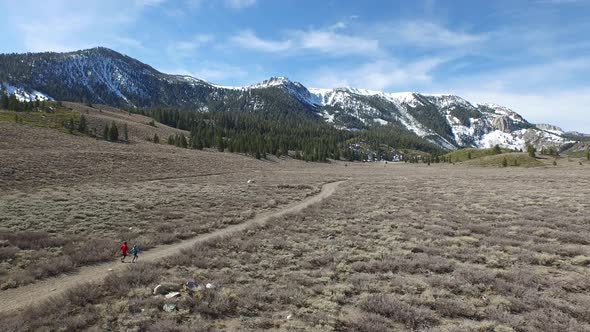 Aerial shot of a young man and woman trail running with dog on scenic mountain trail.