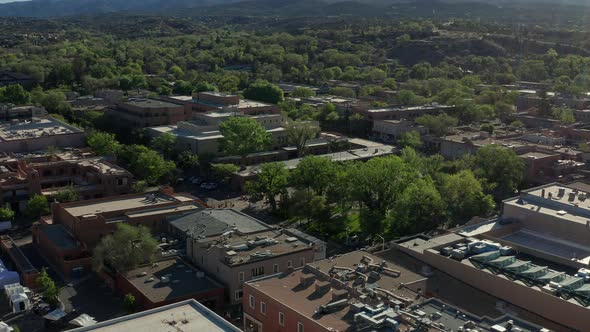 Overhead Aerial view of Santa Fe New Mexico downtown plaza