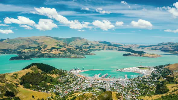 Clouds Motion over Lyttelton Harbour Bay in Beautiful New Zealand Nature Landscape