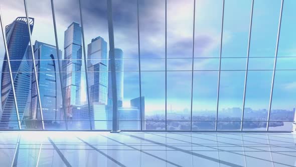 Panorama Of A Large Office With Skyscrapers On The Background 4K