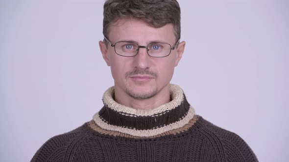 Face of Happy Bearded Man Smiling with Eyeglasses Ready for Winter