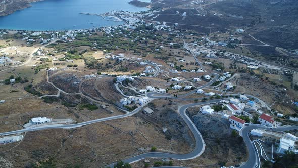 Village of Chora on the island of Serifos in the Cyclades in Greece from the sky